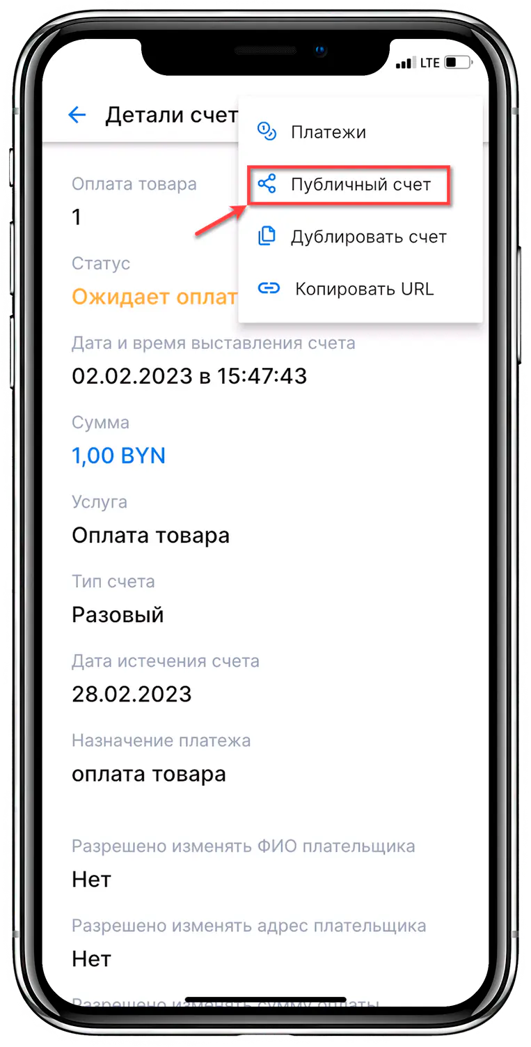 Опция отправки счета в виде публичной ссылки